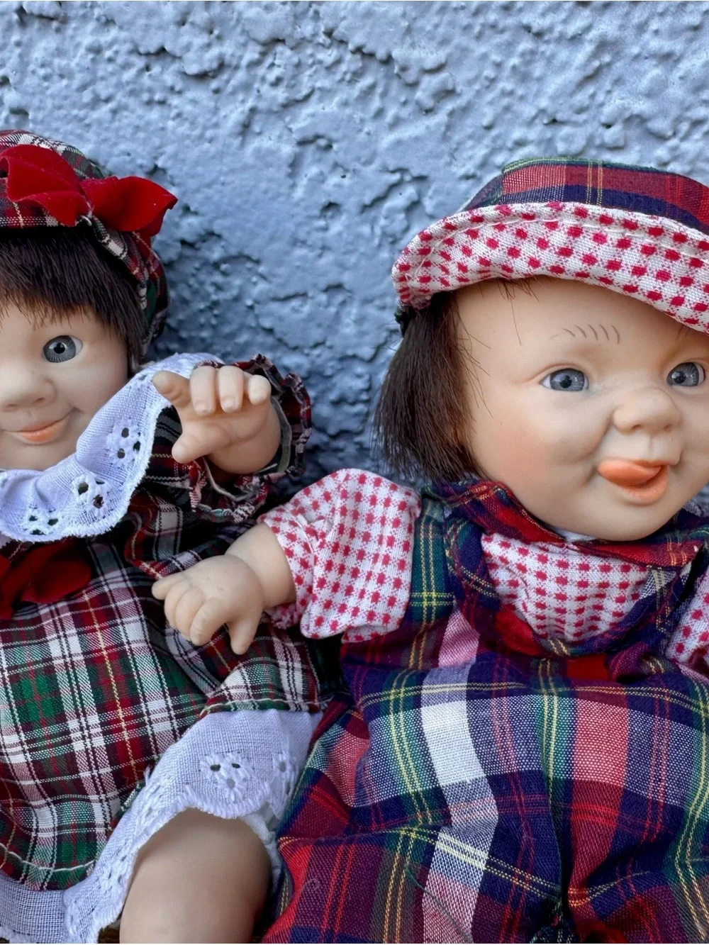 Beautiful Vintage Twin Dolls in Matching Plaid Outfits - 8”